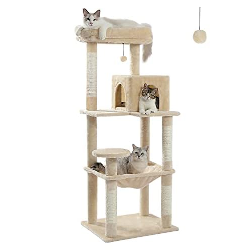 Cat Tree for Large Cats Adult with Metal Plush Big Hammock, 56.3″ Cat Tower for Large Cats with 2 Door Condo House, 6-Tier Cat Shelves with Scratching Posts and Large Top Perch, Beige