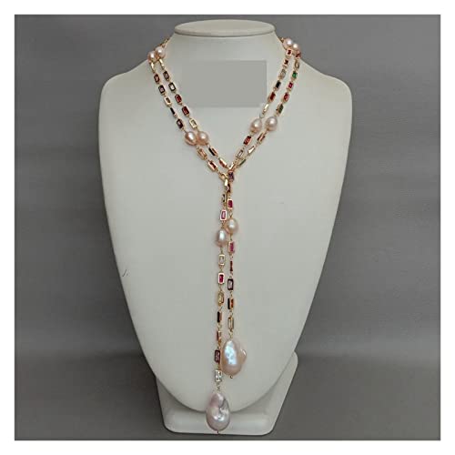 LAnGSHAW - LAnGSHAW 50"Culture Rose Keshi Perle Mixte Couleur Rectangle Longue Chaîne Collier Partie Chandail Chaîne Collier for Les Femmes (Main Stone Color : Pink)