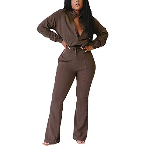 GLIENST Women Fall Two Piece Sweatsuits Zipper Long Sleeve Pocketed Jacket Slim Fit Flare Sweatpants Outfits Coffee L Cover