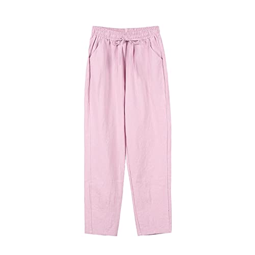 Maiyifu-GJ Women's Cotton Linen Pants Casual Elastic High Waisted Beach Pant Drawstring Tie Loose Trousers with Pockets (Pink,Medium)