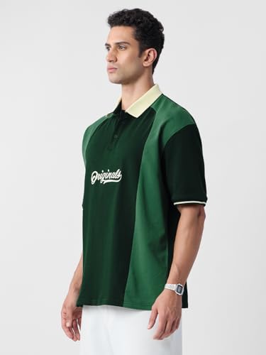 Image of The Souled Store Originals: Men and Boys Short Sleeves Polo Collar Cream Colour Block Cotton Casual Lightweight Drop Shoulder Streetwear Trendy Oversized T-Shirts