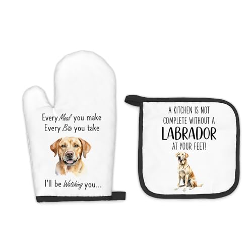 FIicy Labrador Retriever Gifts Dog Oven Mitts and Pot Holders Sets, Labrador Dog Decor Kitchen Accessories Sets, Complete Without a Labrador Dog Heat Resistant Oven Glove Potholders for Kitchen