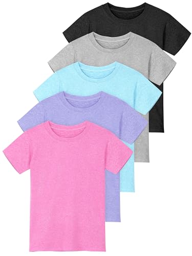Poroka 5 Pack Girls Athletic Shirts Short Sleeve Dry Fit T-Shirts Crew Neck Active Activewear Sports Tees Tops for Kids