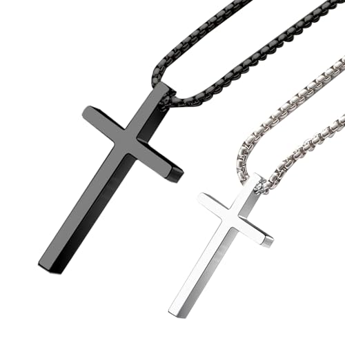 msymsyu Cross Necklace Crucifix Cross Pendant 316L Stainless Steel Silver/Black 2 Pack 45cm/60cm for Couples Families & Men