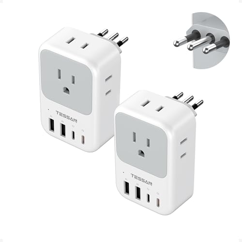 TESSAN Italy Travel Plug Adapter 2 Pack PD 20W Italy Power Adapter with 4 AC Outlets 4 USB Ports (2 USB C) Type L Adaptor for US to Italian Chile Rome Milan Libya Uruguay
