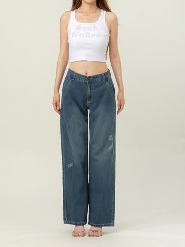 Women's Vintage Oversized Loose Fit Denim Pants, 90s High Waisted Jeans with Pockets3