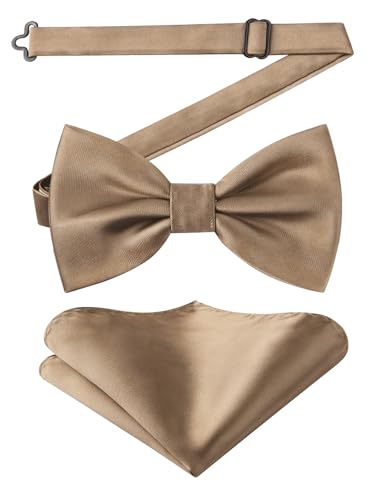 Image of HISDERN Bow Ties for Men Solid Color Pre-Tie Bow Tie and Pocket Square Set Classic Formal Tuxedo Bowties for Wedding Party