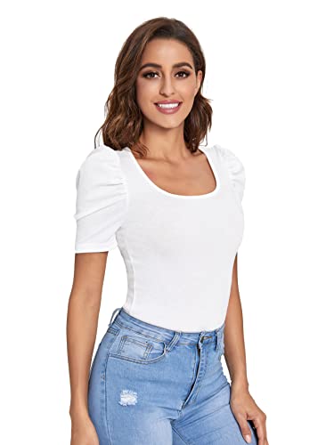 Verdusa Women's Casual Puff Sleeve Scoop Neck Slim Fit Ribbed Tee Shirt Top White L #TOP2