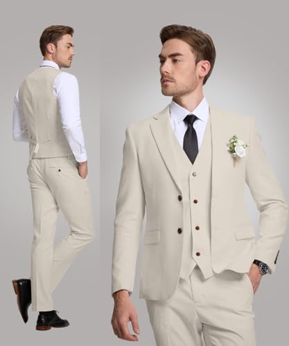 3 Piece Men's Linen Suit,Slim Fit Suits Set for Men Two Buttons Grooms Suits for Summer Beach Wedding3
