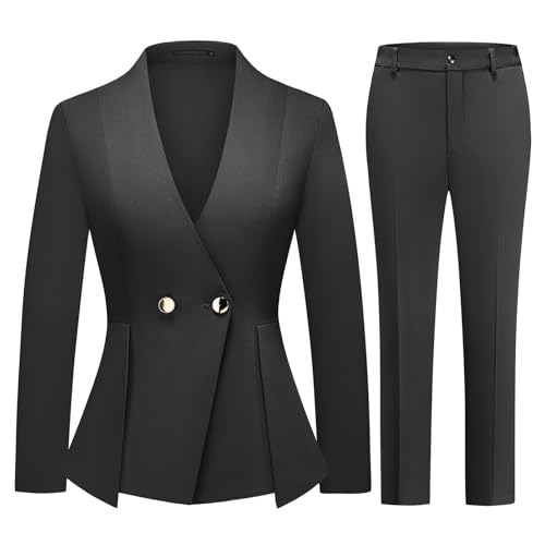 Women's 2 Piece Outfits Two Buttons Business V Neck Blazer Casual Long Sleeve Pants Suits Work Sets