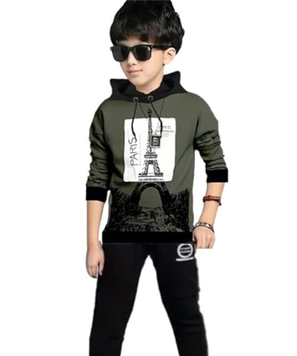 Image of ATLANS Cloths Kids Boys & Girls Hooded Neck Full Sleeves Typography Printed T Shirt, Olive Green, Pack of 1