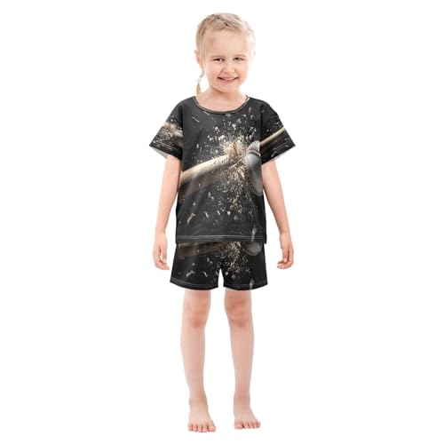 ALAZA Lovely Ball Baseball Bat Black Pajamas Set Short Sleeve Cotton Sleepwear Summer Pjs 2 Piece 5-14Y3