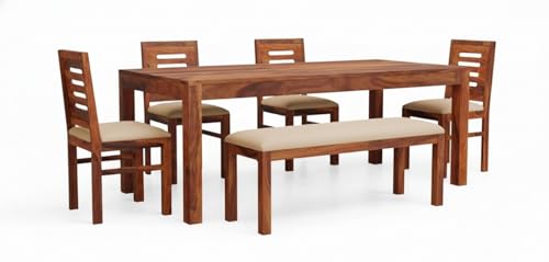 Image of RECTART Solid Sheesham Wood Dining Table Set 6 Seater for Dining Area Living Room | 4 Chair & 1 Bench | Hotel /Restaurant Dining for Six People | (Natural Teak Urban White, 6 Seater with Bench)
