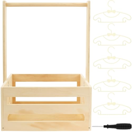 ZJRDYYK Wooden Baby Shower Crate Closet, Baby Welcome Gift Basket with 5 Hanger Racks, Wooden Crate for Baby Shower, Pregnancy Gifts for New Parents