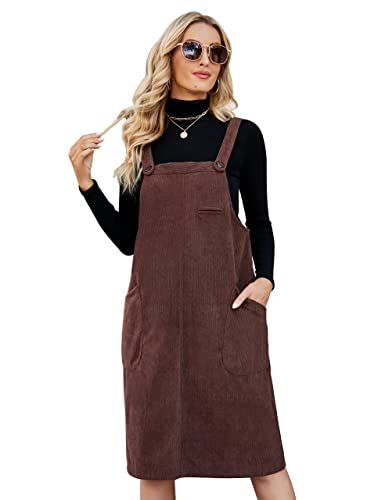 Flygo Damen Cordpullover Overall Latzhose Midikleid Rock mit Taschen, Braun, X-Groß