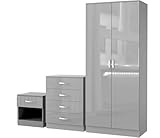 3 Piece High Gloss Bedroom Furniture Sets - 4-Drawer Chest, and Bedside Cabinet With 2 Door Wardrobe for Modern Bedrooms – Soft Close Doors (Grey, Large)
