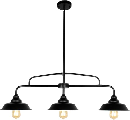 PUZHI HOME Modern Farmhouse Black Pendant Lighting Fixture, 3-Lights Industrial Linear Chandelier Metal Hanging Lamp for Kitchen Island Dining Room Living Room Hallway Pool Table