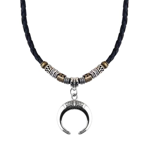 Vintage Crescent Moon Pendant Necklace, Braided Leather Cord, Tribal Beads, 17.7+4.7 inches, Black