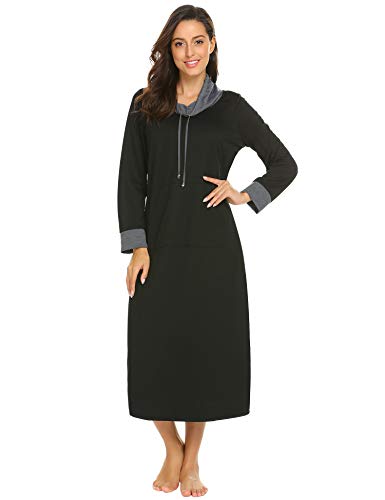 Ekouaer Womens Cotton Knit Nightgown, Warm Long Sleep Dress,Sleepwear with Kangaroo Pocket,9739black,X-Large