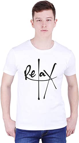 Image of Men's White T-Shirt with Black 'Relax' Print, Cotton