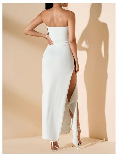 WDIRARA Women's Ruffle High Split Strapless Bodycon Dress Cocktail Wedding Party Maxi Dresses3