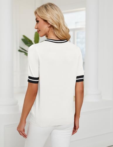 Image of Womens Knit Top Short Sleeve Sweater Work Summer Tops Cute Business Blouse | Lightweight Cute Bow Tie Sweater 2026 Chic V Neck Business Casual Outfits Tops