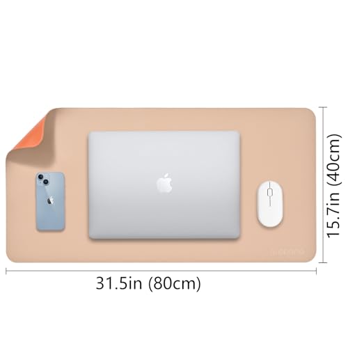 Image of AROPANA Vegan Leather Desk Mat | Large Reversible Mouse Pad & Computer Table Protector | Dual-Side Waterproof Extended Laptop Pad with Edge-Stitched Design (80x40CM, Apricot and Orange)