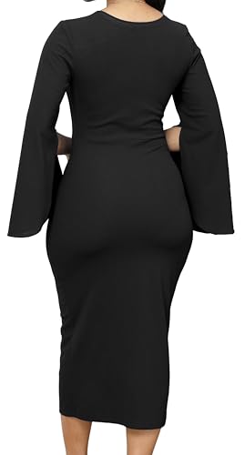 Women Church Dresses Bodycon Work Dress Bell Long Sleeve Round Neck Business Pencil Dresses2