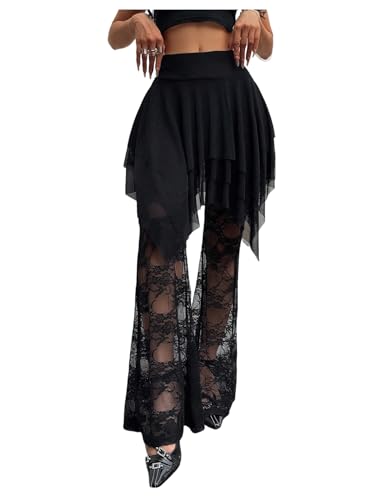 Verdusa Women's Plus Size Lace Floral Flare Pants Mesh Sheer Flowy Rave Trousers