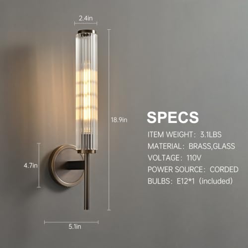 Antique Brass Wall Sconce,Bathroom Wall Light with Grooved Glass Tube Shade by fansimone - Used condition - Image 5