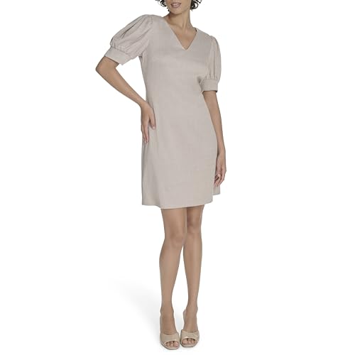 Image of Tommy Hilfiger Women's Short Puff Sleeve V-Neck Shift Mini Dress