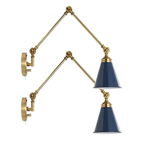 Wingbo Swing Arm Wall Lamp Set Of 2, Modern Adjustable Wall Mounted Sconce, Warm Brass Finish And Blue Metal Shade #TOP4