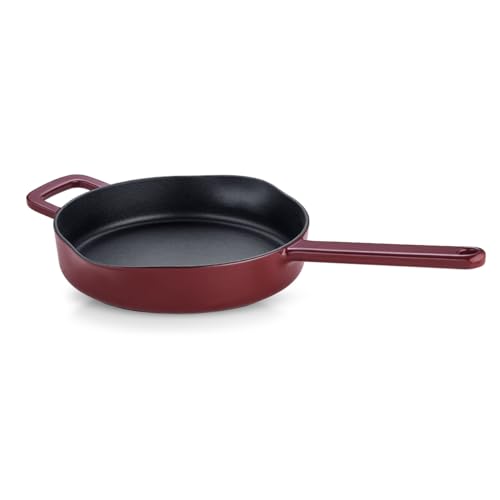 Fissler Moments Collection/Emaillierte Gusseisen-Pfanne (Ø 26 cm) antihaftend, hoher Rand, mit Ausgießern, Aufhänge-Öse, PFAS/PTFE-frei, Induktion – Burgunderrot