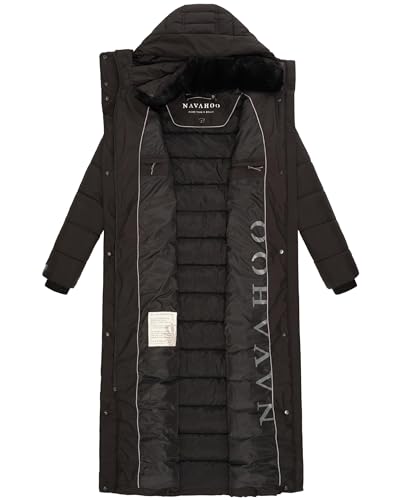 Navahoo Damen Wintermantel Warmer Steppmantel lang mit Kapuze und Taillengürtel Das Teil XIV Black Gr. XL