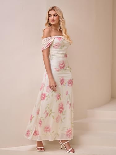 Image of KUTUMAI Women Floral Off Shoulder Maxi Dress Summer Ruched Bodycon Long Formal Wedding Guest Dresses 2026