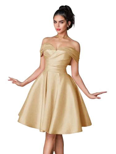 Bekvamlighet Off Shoulder Homecoming Dresses Short Satin V Neck Prom Dress Mini A Line Ball Gown for Formal Party