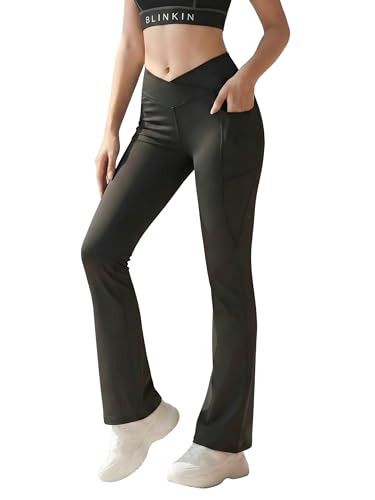 Image of BLINKIN Flared Gym Pants for Women Workout - Gym Tights Leggings with Crossover Belt | Workout Lowers | Trackpants |Gym Lower| Flare Yoga Pant for Woman with Side Pocket (4047)