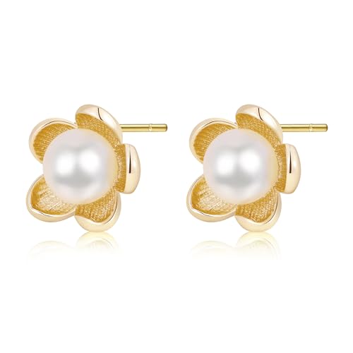 LOOYUUPEE Pearl Earrings for Women 14K Gold plated Flowers Pearl Studs Freshwater Cultured Pearl Handmade Jewelry Gift for Mom Lover Her (14K Gold Plated)