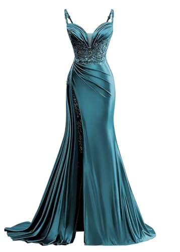 Satin Mermaid Prom Dresses for Women Long Lace Evening Gown with Slit Ruched Bodycon Corset Formal Dress