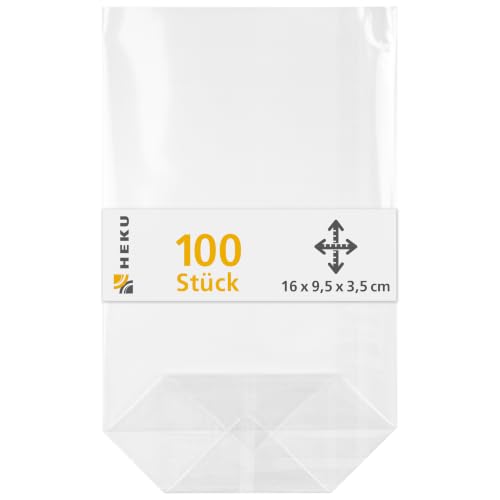 HEKU 100er Packung Transparente Bodenbeutel 160x95x35mm I Stabiler Kreuzboden I Reißfestes Polypropylen Material I Ideal für Süßigkeiten & selbstgebackene Plätzchen