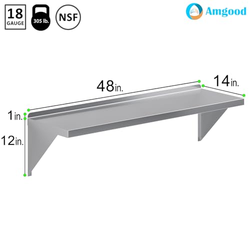 Image of AmGood 14 inch x 48 inch Stainless Steel Wall Shelf | Appliance & Equipment Metal Shelving | Kitchen, Restaurant, Garage, Laundry, Utility Room | Heavy Duty | Squared Edge | NSF