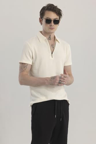 Image of SNITCH Cream Textured Polo T-Shirt