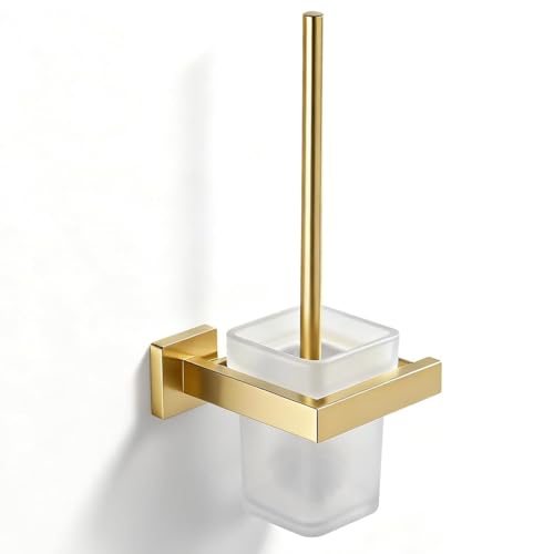 Image of Brushed Gold Toilet Brush and Holder Set, NEWRAIN Wall Mounted Toilet Bowl Brush with Long Handle, Stainless Steel Toilet Brushes for Bathroom-Space Saving