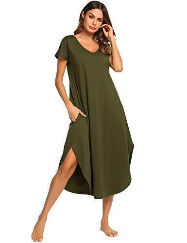 Ekouaer Nightshirts Women's Short Sleeve Sleepwear Soft Maxi Nightdress V Neck Long Nightgown (Army Green,Large)