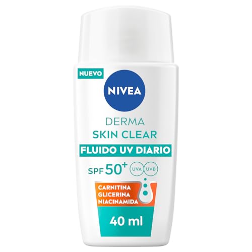 Derma Skin Clear - Fluido UV Diario SPF50+ - Protector Solar Facial 50 - Previene poros obstruidos - Carnitina, Glicerina, Niacinamida - Fórmula ultraligera - Pieles Propensas a Imperfecciones - 40 m