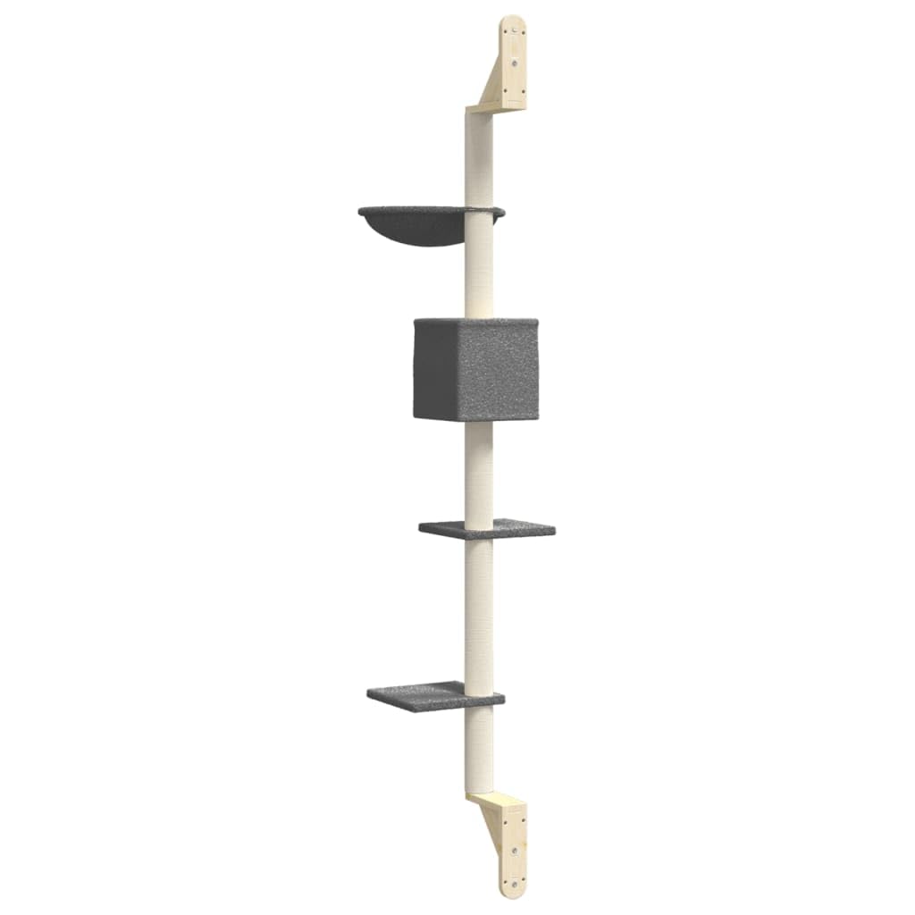 Tiragraffi da parete con colonna tiragraffi in sisal e superfici di riposo, grigio scuro, 187 cm, per gatti in appartamenti, albero da arrampicata con amaca, grotta e tiragraffi, torre gioco