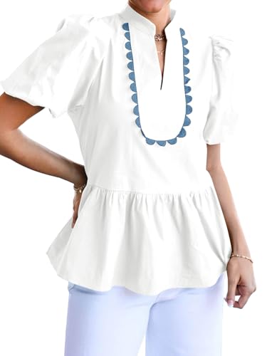 Cicy Bell Womens Puff Sleeve Peplum Blouses Ruffle V Neck Summer Casual Tops Babydoll Loose Fit Shirts