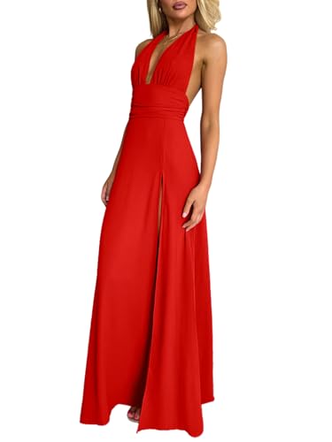 Image of Ekaliy Womens Sexy Halter Deep V Neck Maxi Dress Sleeveless Backless Split Long Dress