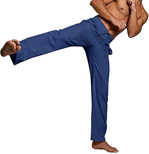 Enjoybuy Mens Summer Cotton Linen Long Casual Pants Elastic, 02-Blue, Size Large4