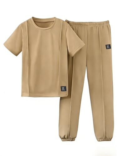 Image of OLMRJKD Boys 2 Piece Outfits Color Block Clothes Short Sleeve T Shirt and Camouflage Pants Summer Clothing Sets